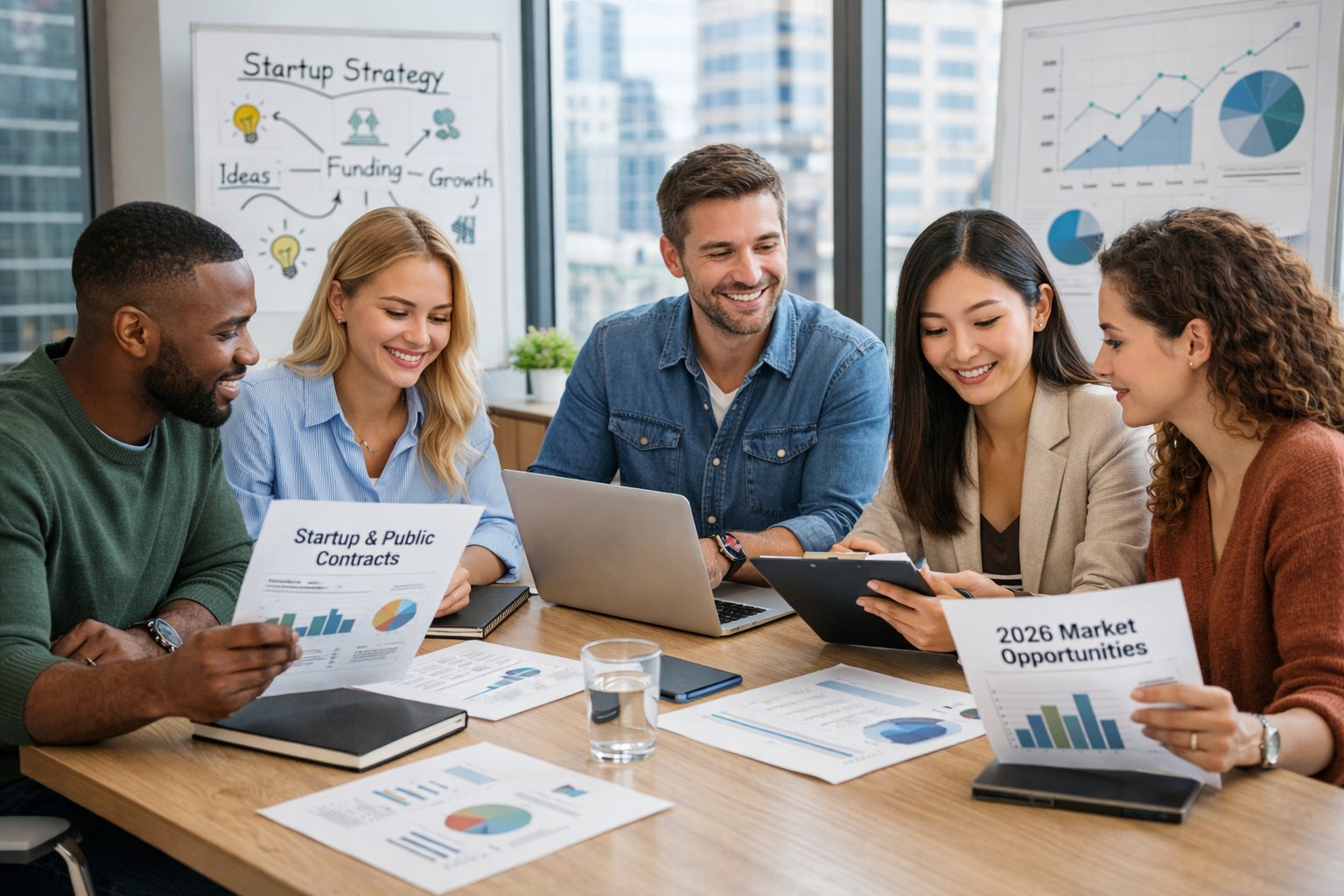 Groupe de jeunes professionnels en réunion dans un bureau moderne, travaillant ensemble autour d'une table avec des ordinateurs et des documents.
