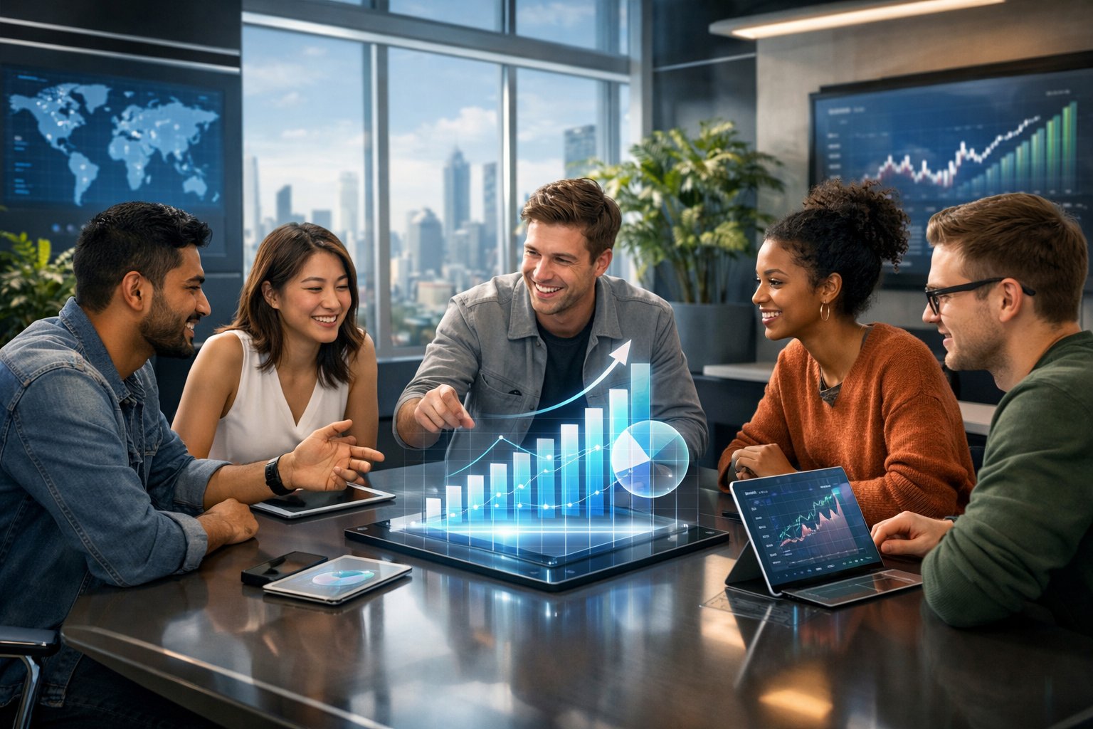 Un groupe de jeunes professionnels collaborant autour d'une table dans un bureau moderne avec des écrans numériques et une vue sur la ville.