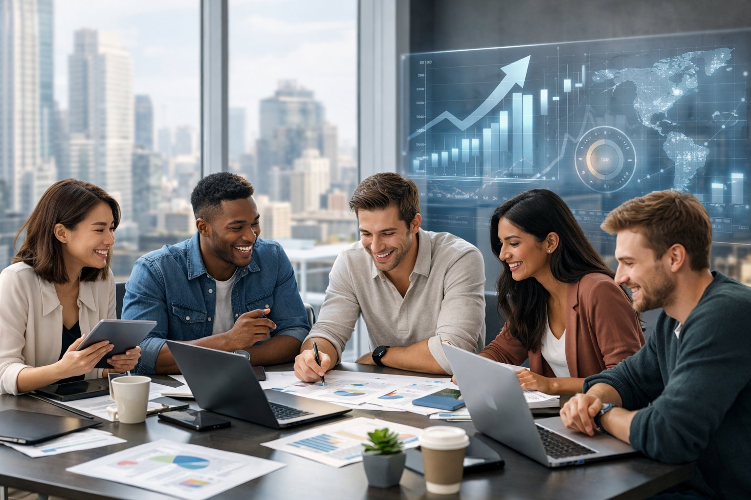 Un groupe de jeunes professionnels travaillant ensemble dans un bureau moderne avec des ordinateurs et des graphiques numériques en arrière-plan.