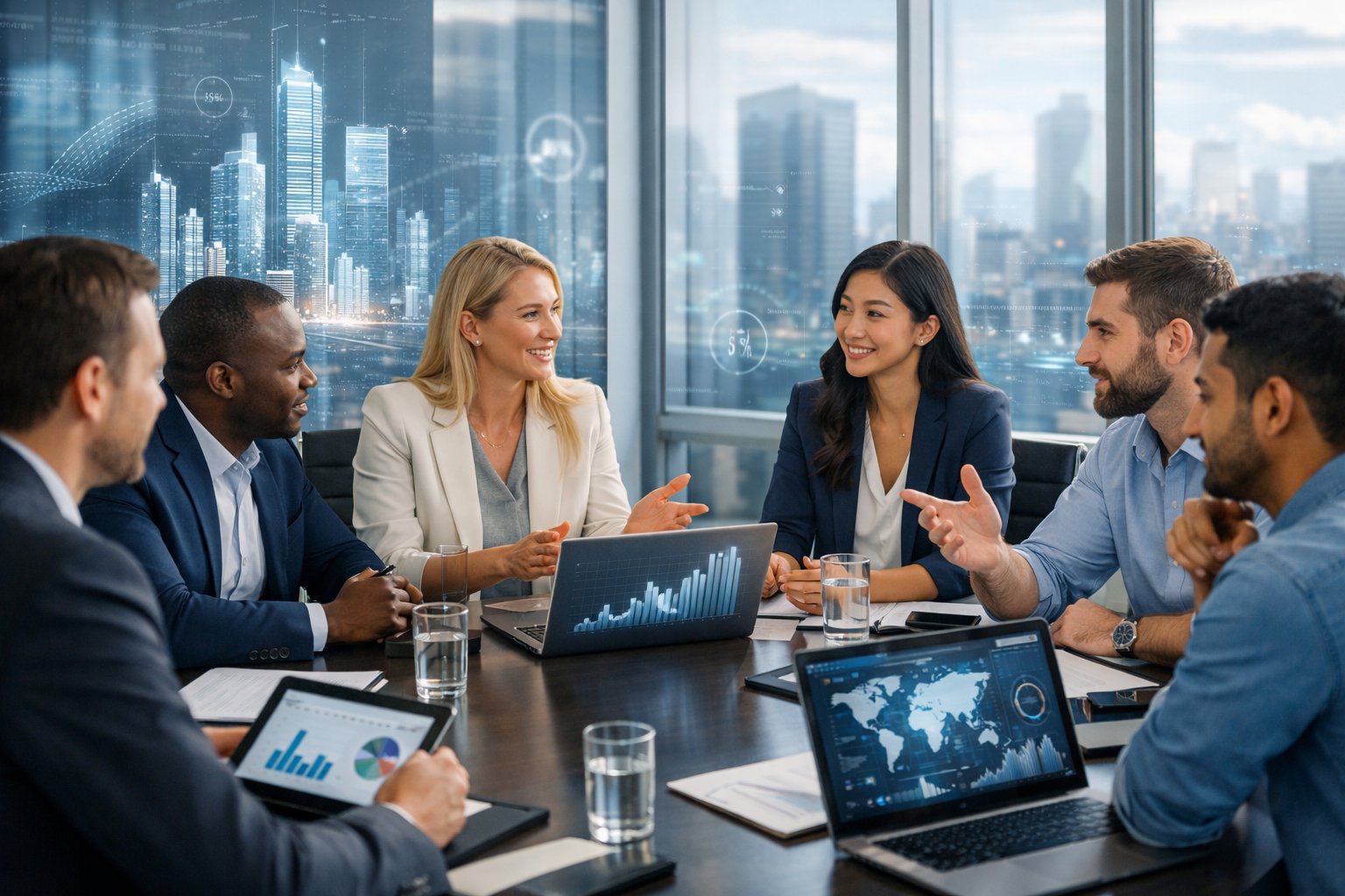 Des professionnels en réunion autour d'une table dans un bureau moderne, discutant de projets liés à l'innovation numérique et aux marchés publics.
