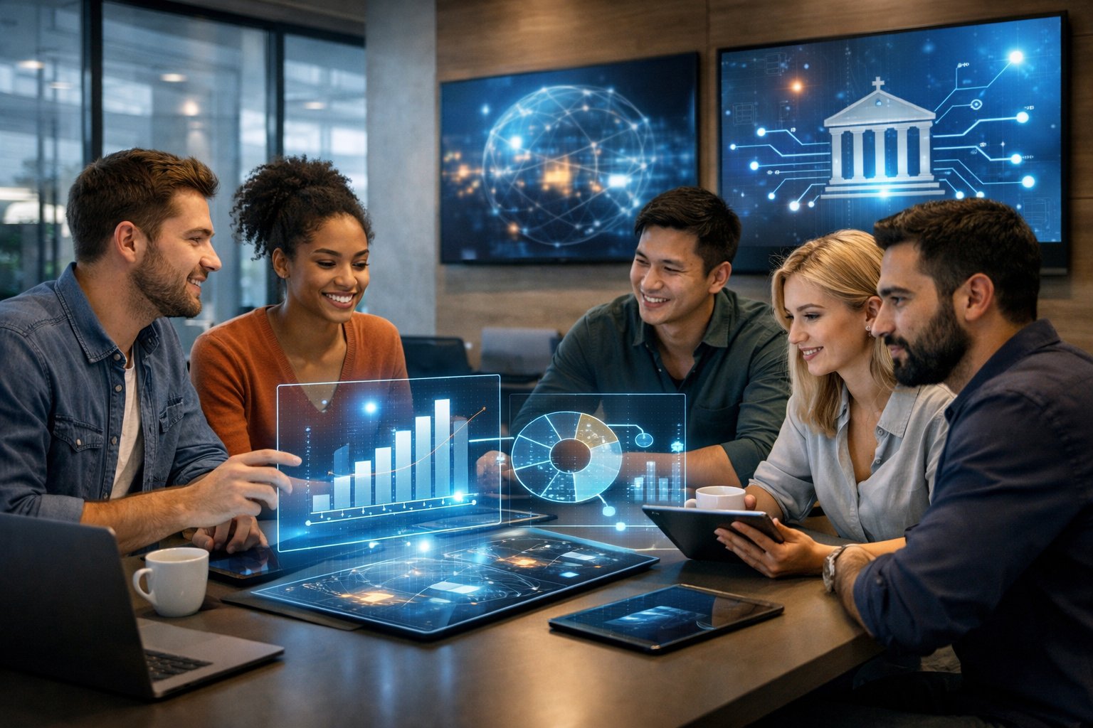 Des professionnels en réunion dans un bureau moderne, collaborant autour d'un ordinateur et de tablettes, discutant de stratégies pour accéder aux marchés publics dans le secteur de l'innovation numérique.