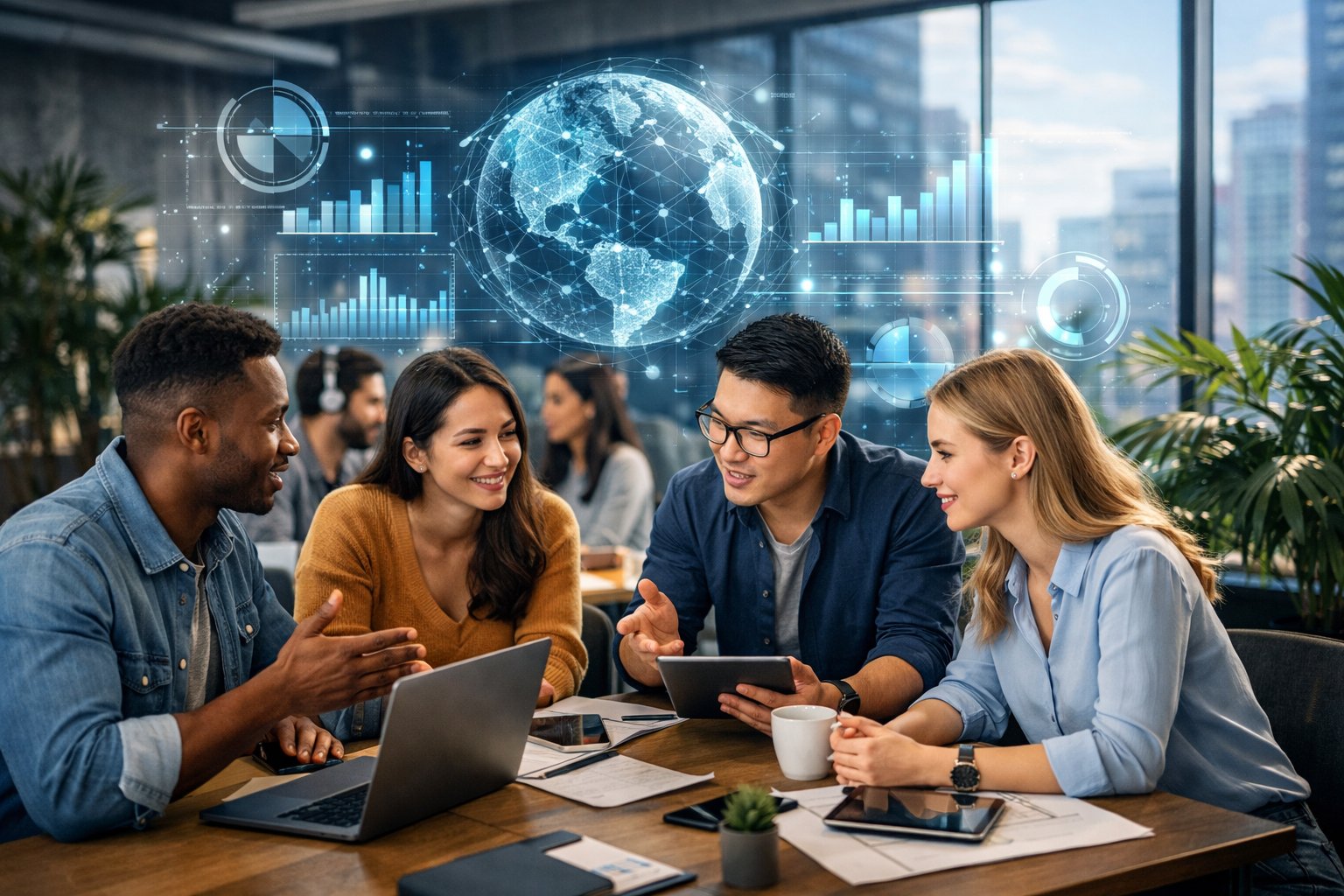 Des professionnels en start-up tech collaborent autour d'une table avec des appareils numériques dans un bureau moderne lumineux.