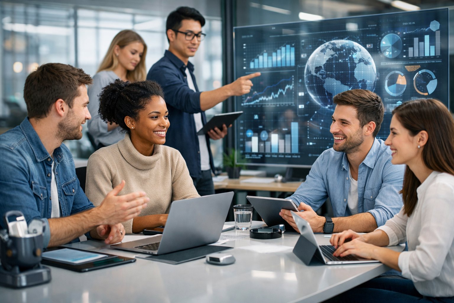 Une équipe de jeunes professionnels français en réunion dans un bureau moderne, travaillant ensemble avec des appareils numériques et des graphiques futuristes sur des écrans transparents.