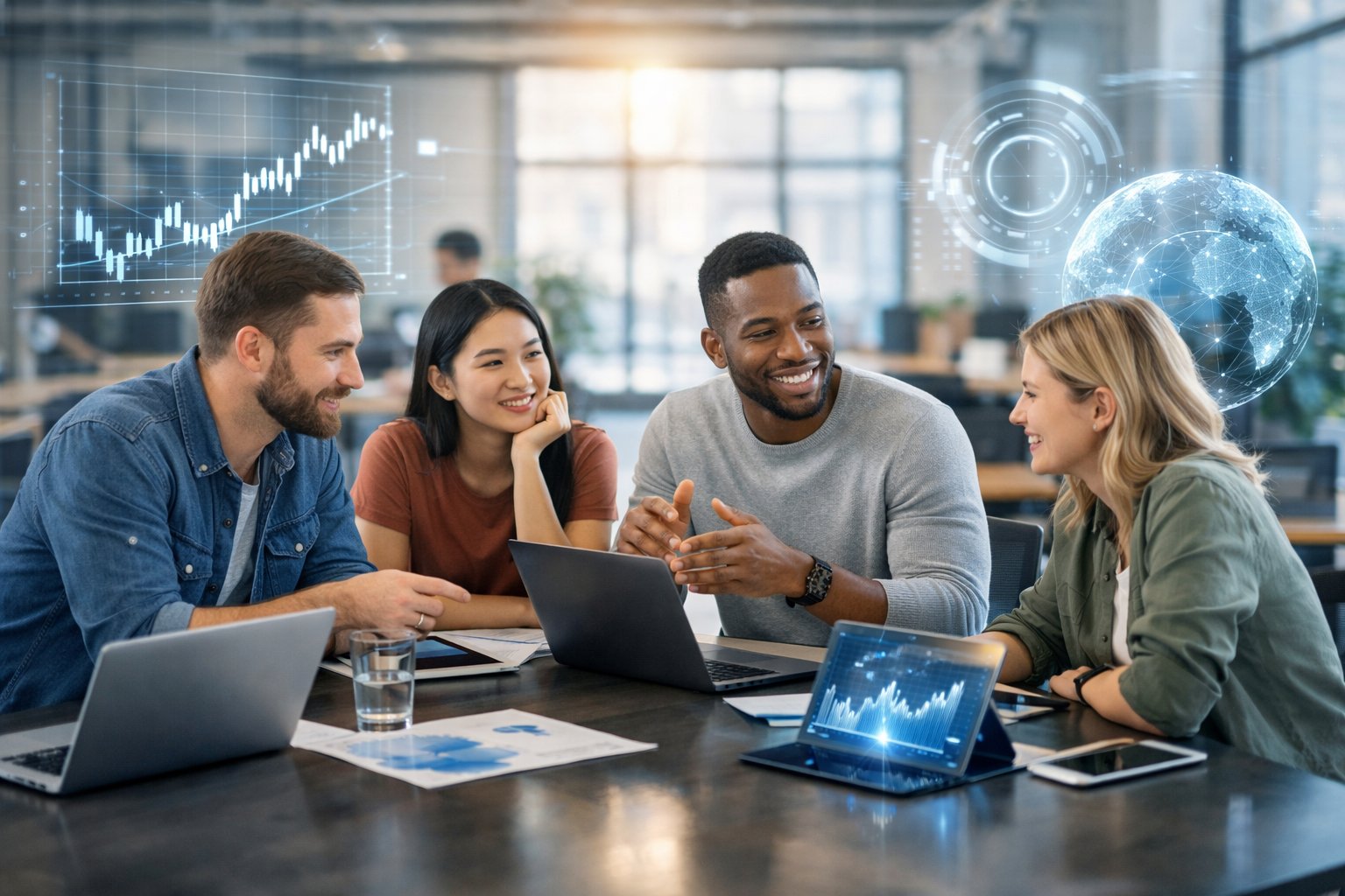 Un groupe de jeunes professionnels collaborant autour d'une table dans un bureau moderne, discutant d'innovation numérique.