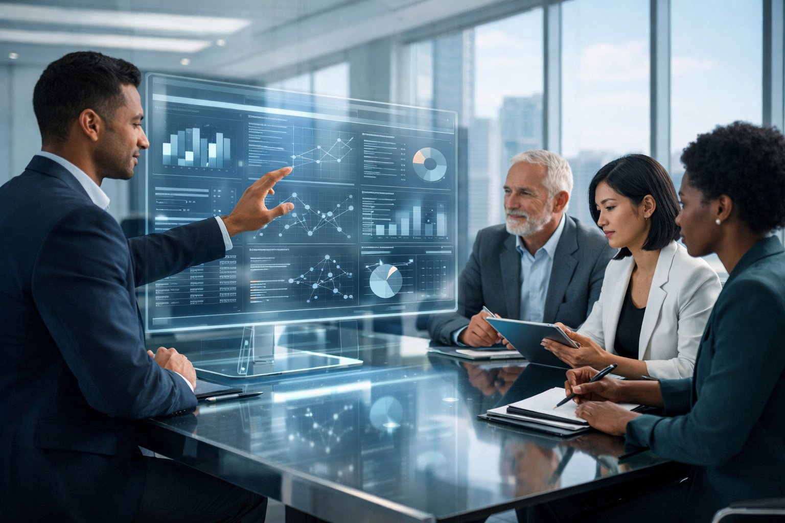 Des professionnels en réunion dans un bureau moderne, utilisant des écrans holographiques pour automatiser la recherche d'appels d'offres.