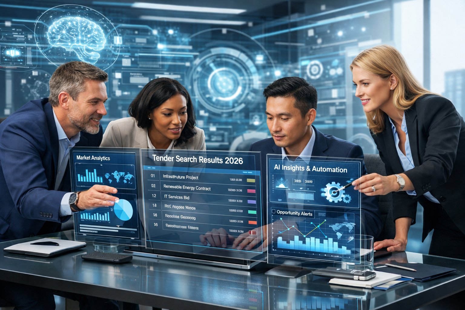 Des professionnels en réunion autour d'un bureau avec des écrans numériques affichant des données et des résultats de recherche automatisée.