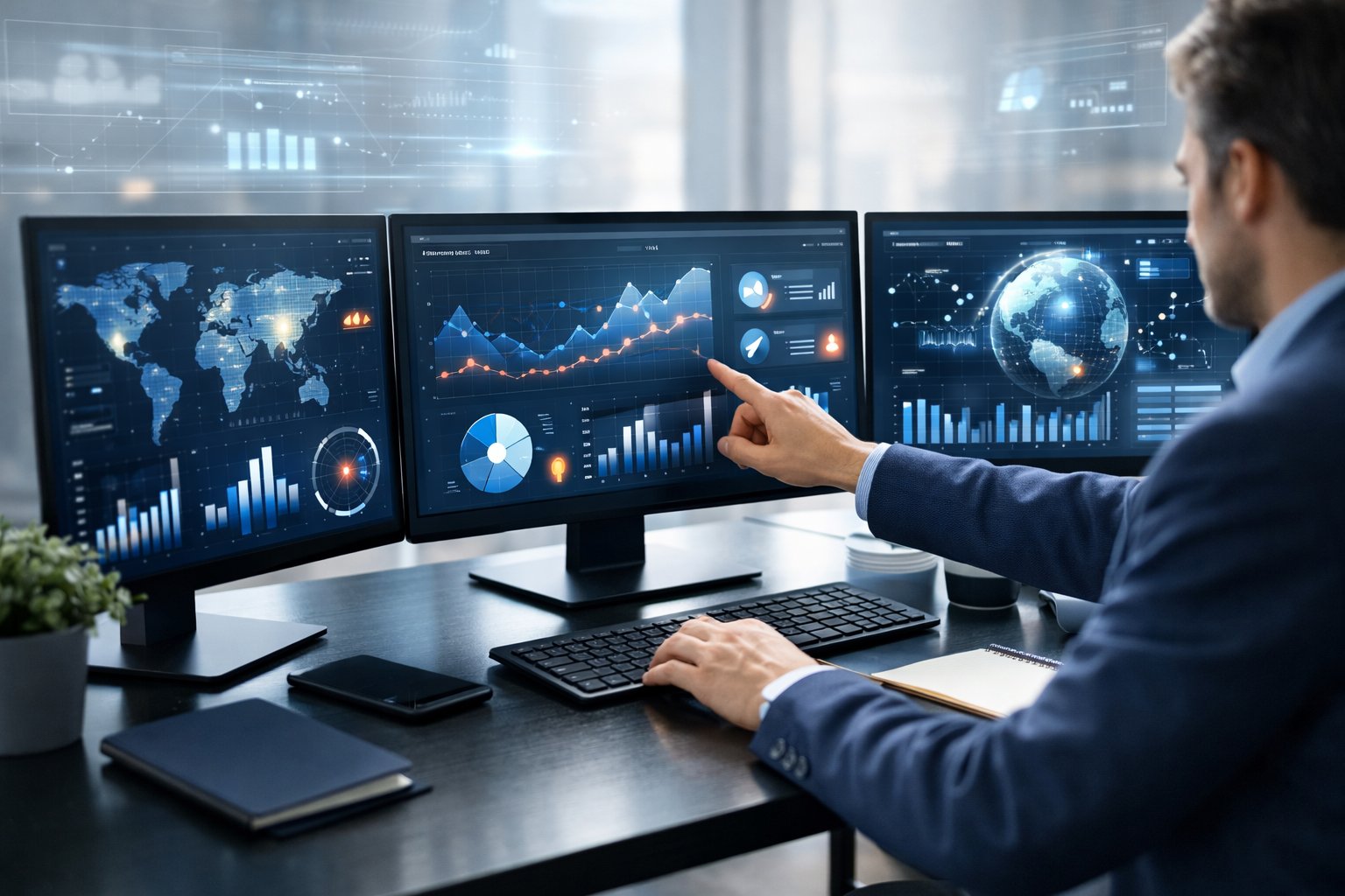 Un professionnel travaillant à un bureau moderne avec plusieurs écrans affichant des graphiques et des données, illustrant l'automatisation de la recherche d'appels d'offres en 2026.