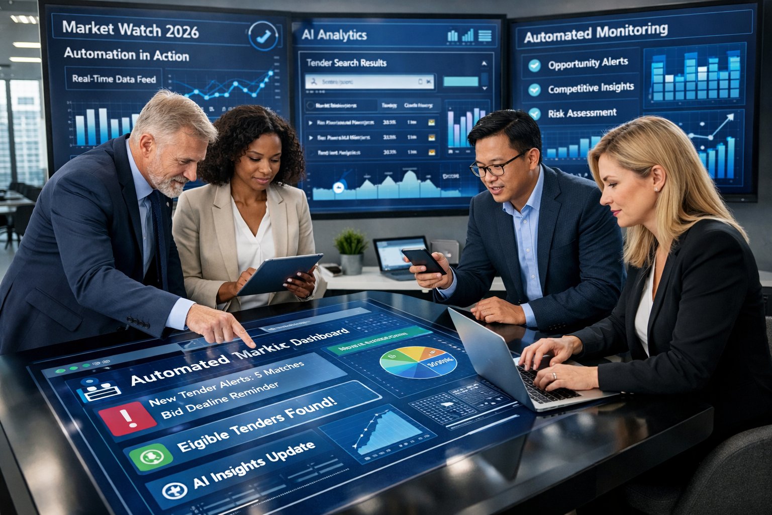 Des professionnels en bureau collaborent autour d'une table numérique affichant des données et graphiques liés à l'automatisation de la recherche d'appels d'offres.