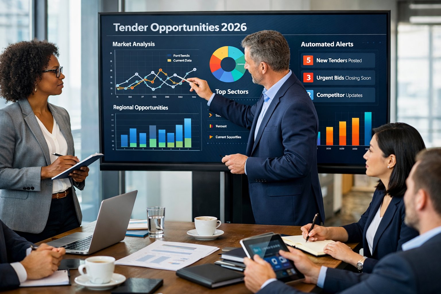 Des professionnels en réunion dans un bureau moderne analysant des données sur un grand écran numérique.