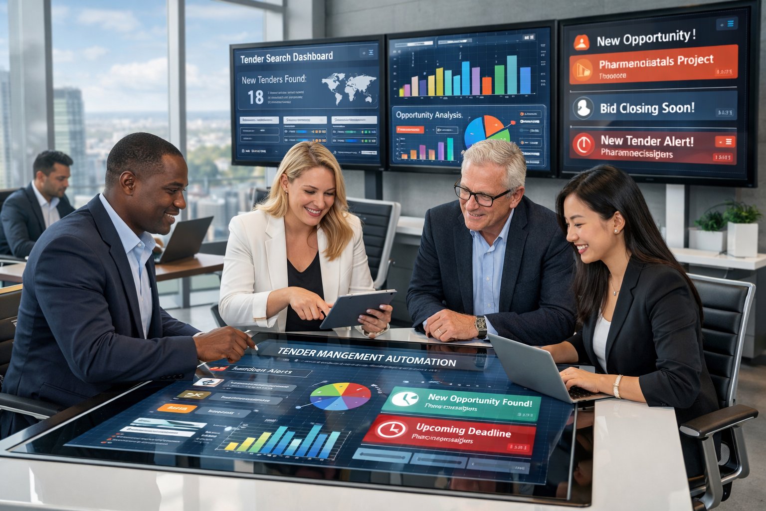 Des professionnels en réunion dans un bureau moderne utilisant des écrans numériques pour automatiser la recherche d'appels d’offres.