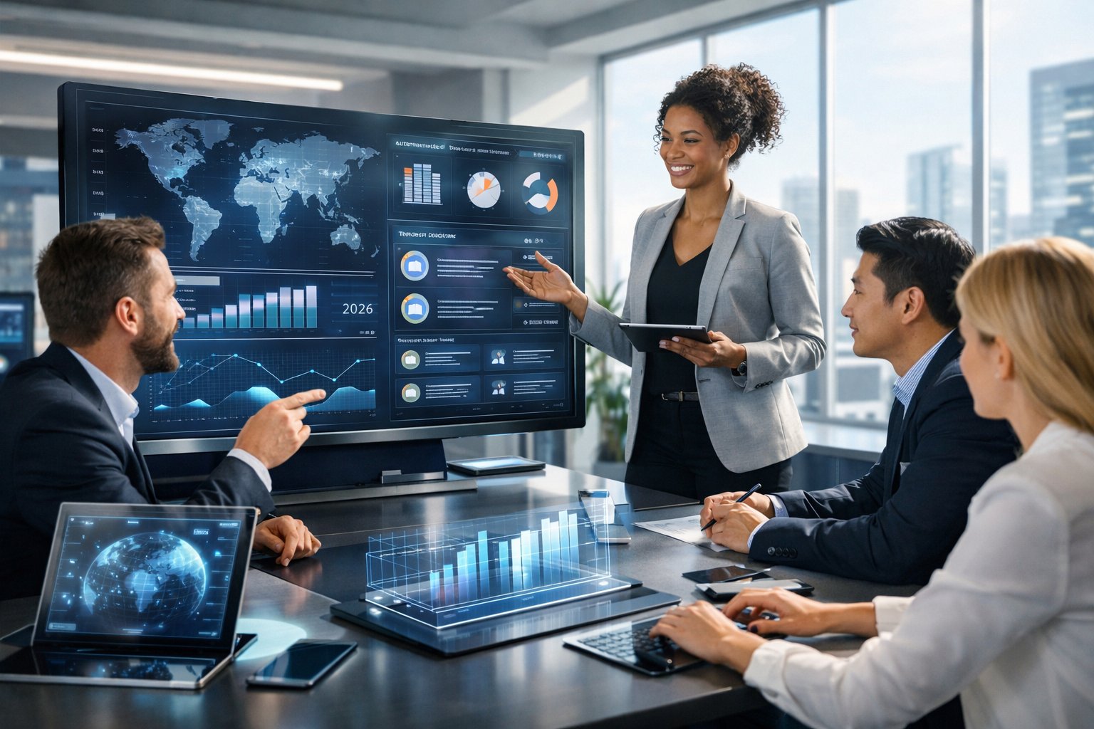 Des professionnels en réunion dans un bureau moderne utilisant des technologies avancées pour automatiser la recherche d'appels d'offres.