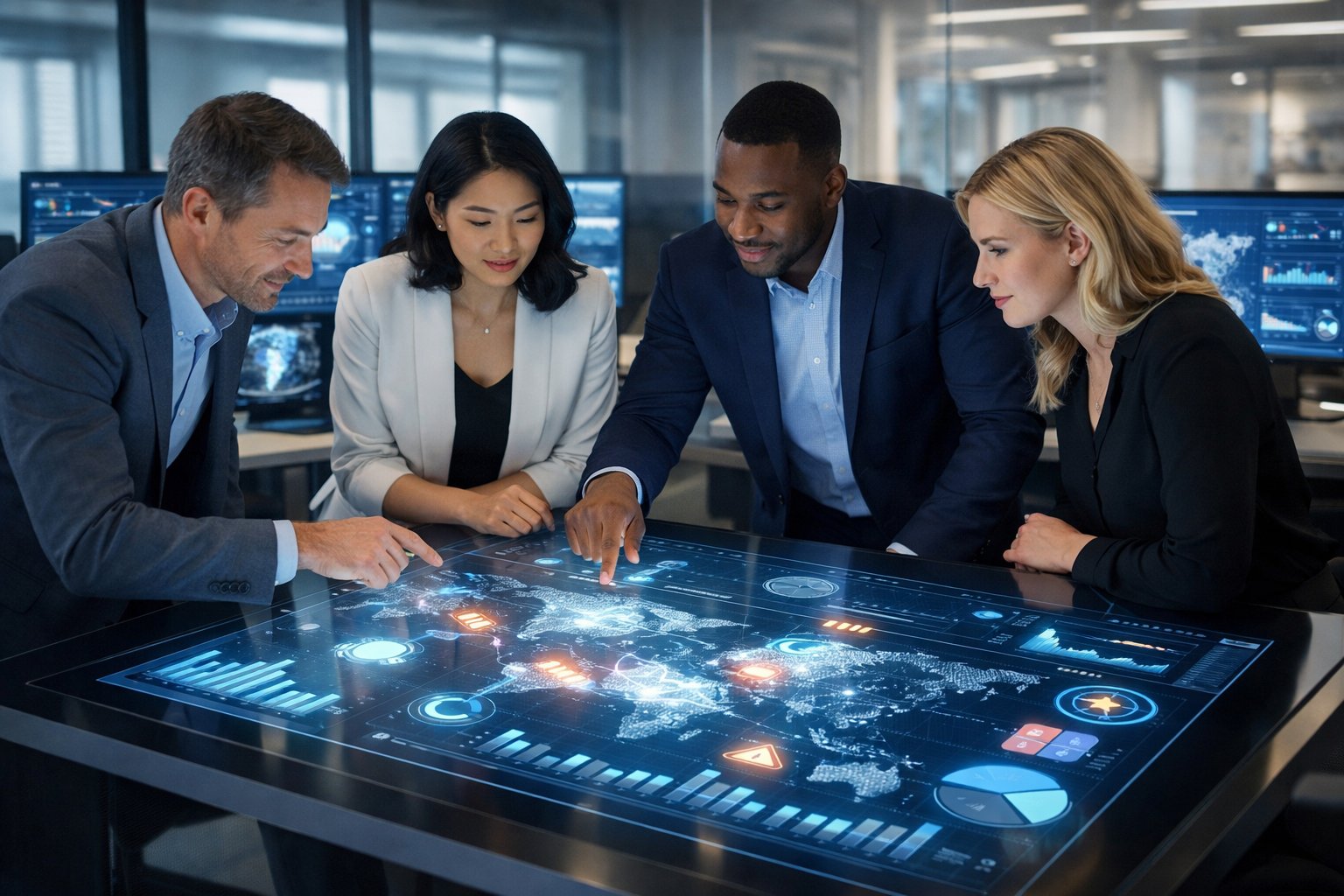 Des professionnels en réunion autour d'une table numérique affichant des données et graphiques liés à la recherche automatisée d'appels d'offres.