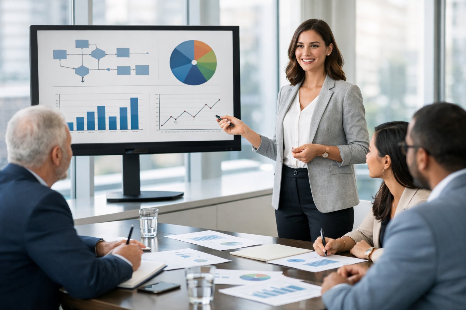 Une jeune femme d'affaires présente à un groupe de professionnels dans une salle de conférence lumineuse, discutant de stratégies autour d'un écran numérique et de documents.