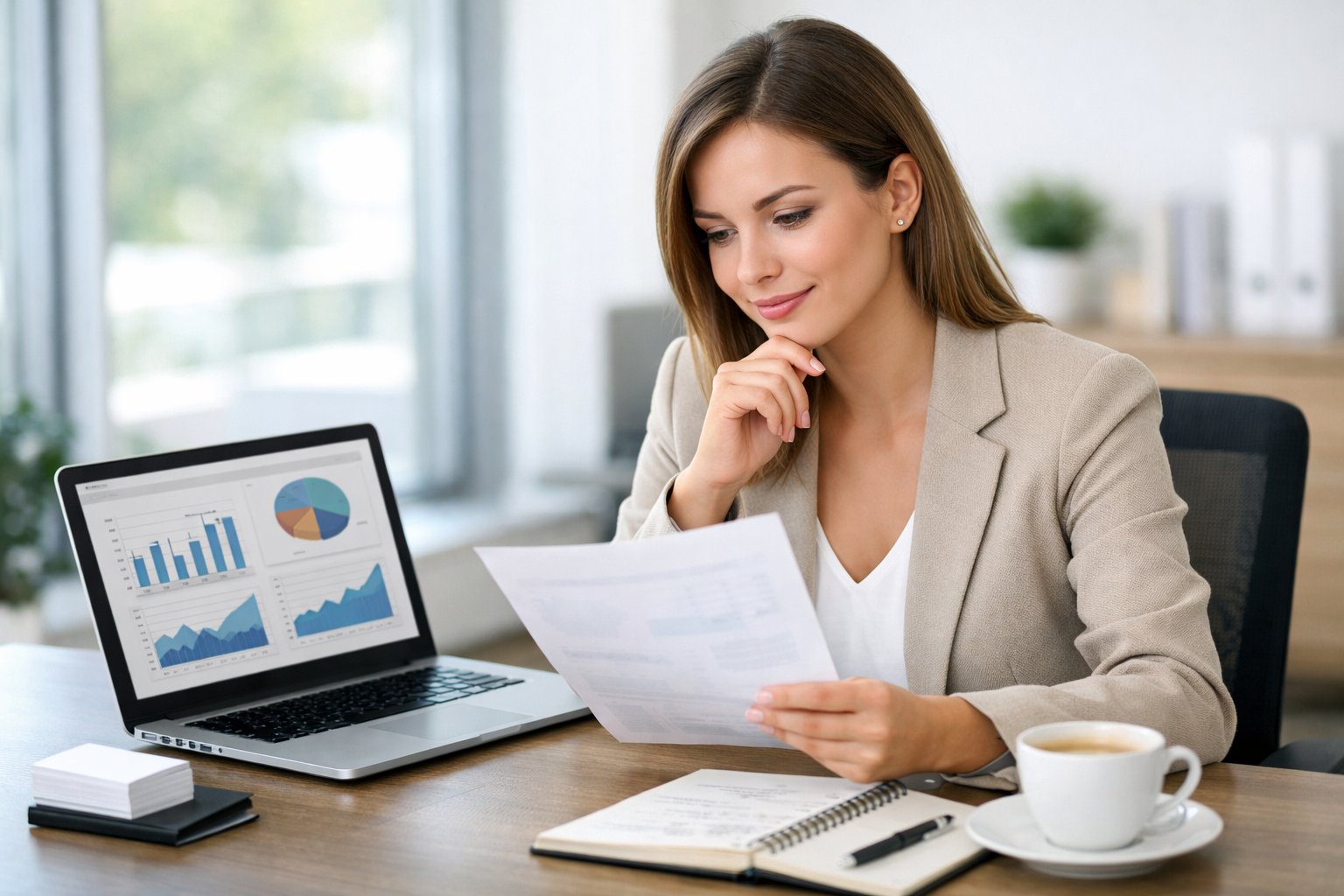 Une jeune femme d'affaires concentrée travaillant sur un ordinateur portable dans un bureau lumineux, examinant des documents liés à un marché public.