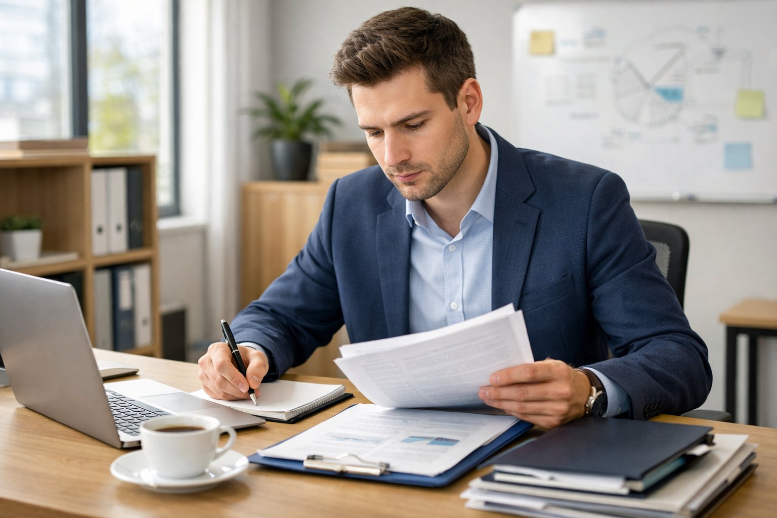 Une personne concentrée préparant un dossier de candidature dans un bureau moderne avec des documents et un ordinateur portable.