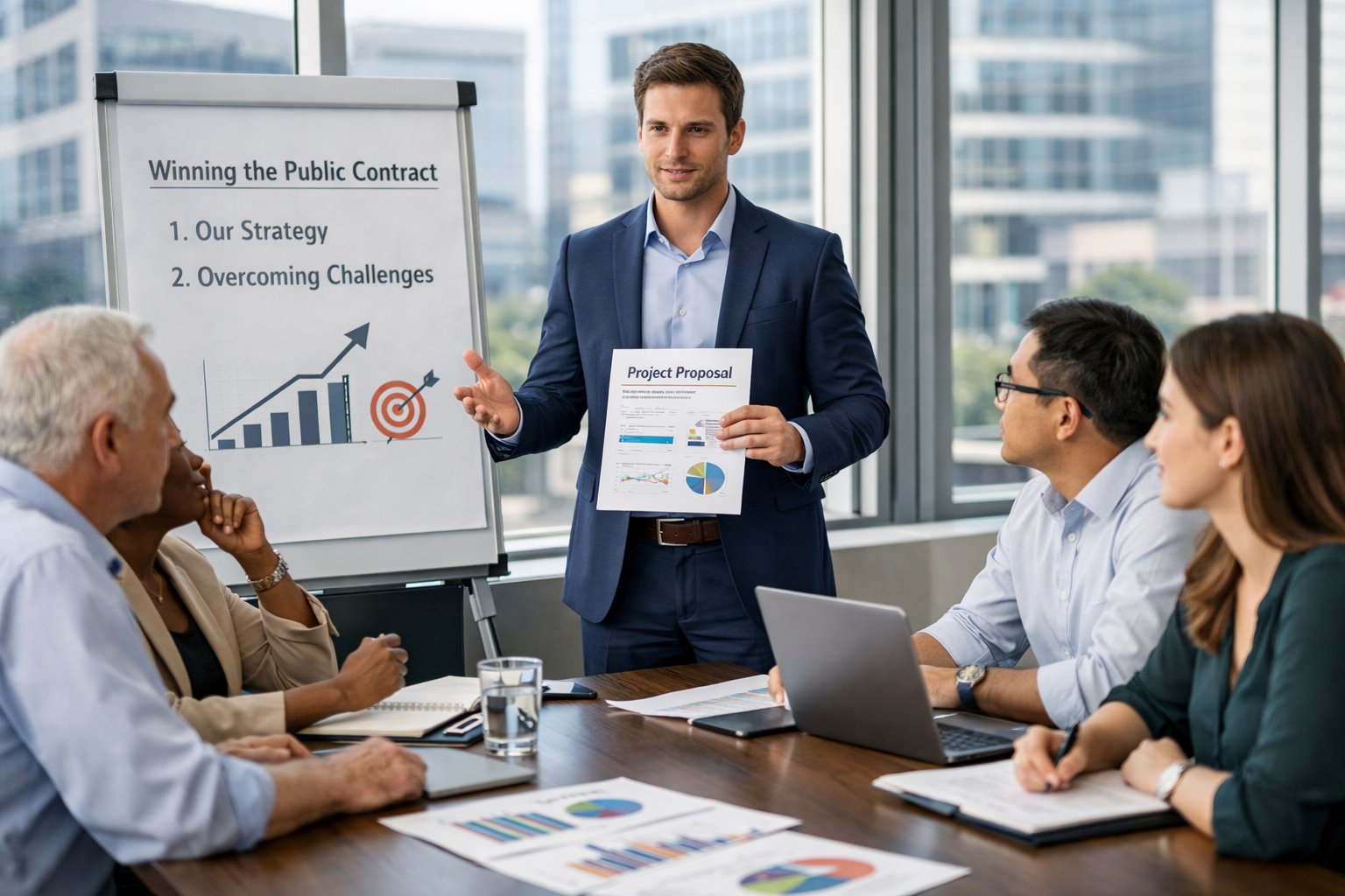 Une personne d'affaires présente un projet à des collègues autour d'une table de réunion dans un bureau moderne.