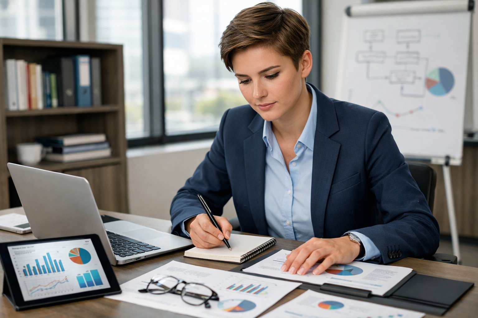 Une personne d'affaires concentrée travaille à un bureau moderne avec un ordinateur portable et des documents, analysant des données dans un bureau lumineux.