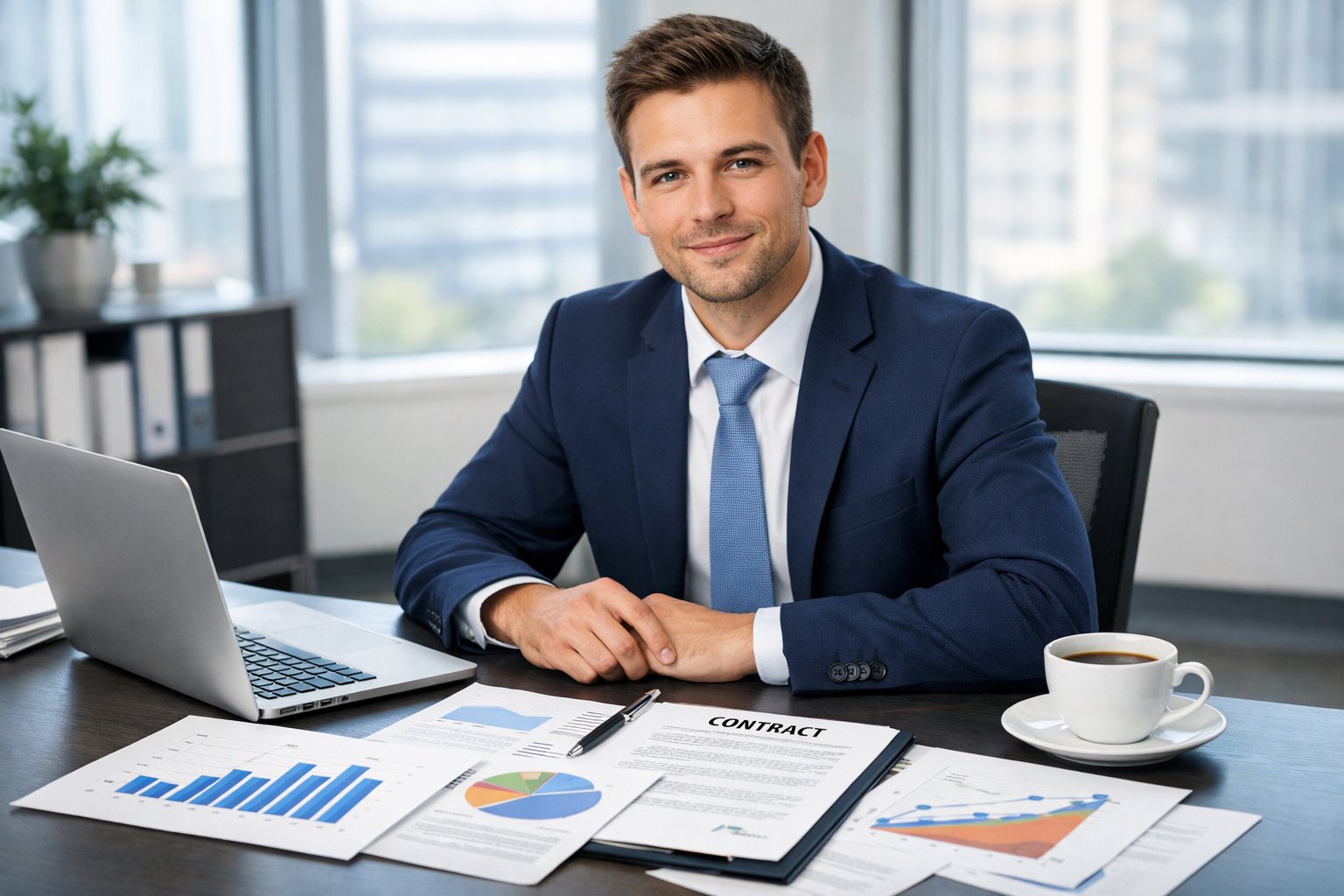 Un jeune professionnel souriant assis à un bureau moderne avec un ordinateur portable et des documents, dans un bureau lumineux.