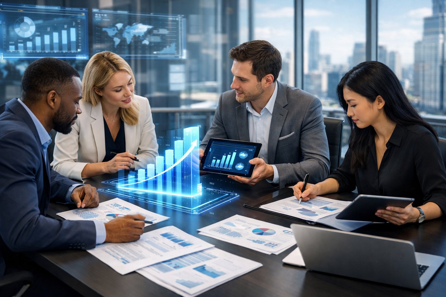 Des professionnels en réunion dans un bureau moderne, examinant des documents et des écrans numériques, en train de collaborer sur un projet important.
