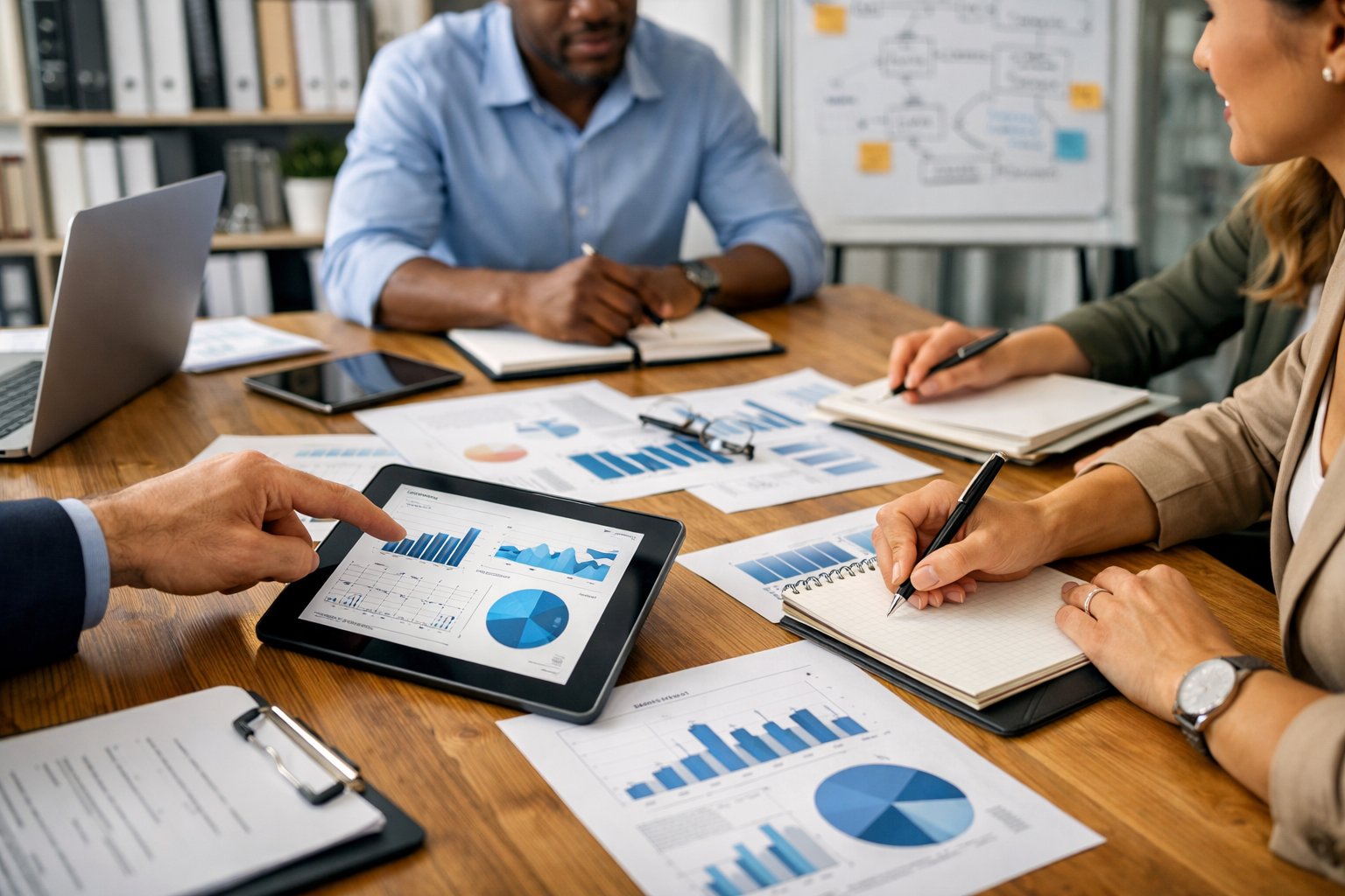 Un groupe de professionnels travaillant ensemble autour d'une table avec des documents et des appareils électroniques, en train d'analyser et préparer un dossier.