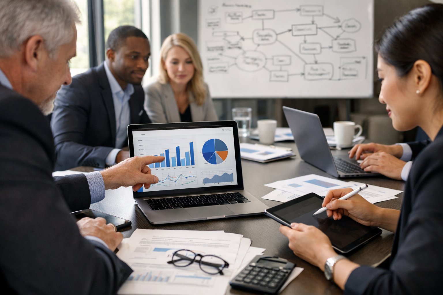 Des professionnels en réunion autour d'une table de travail, collaborant sur des documents et des écrans pour préparer une réponse à un appel d'offres.