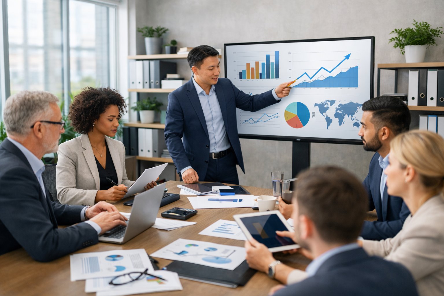 Groupe de professionnels en réunion autour d'une table avec des ordinateurs et documents, travaillant ensemble dans un bureau moderne et lumineux.