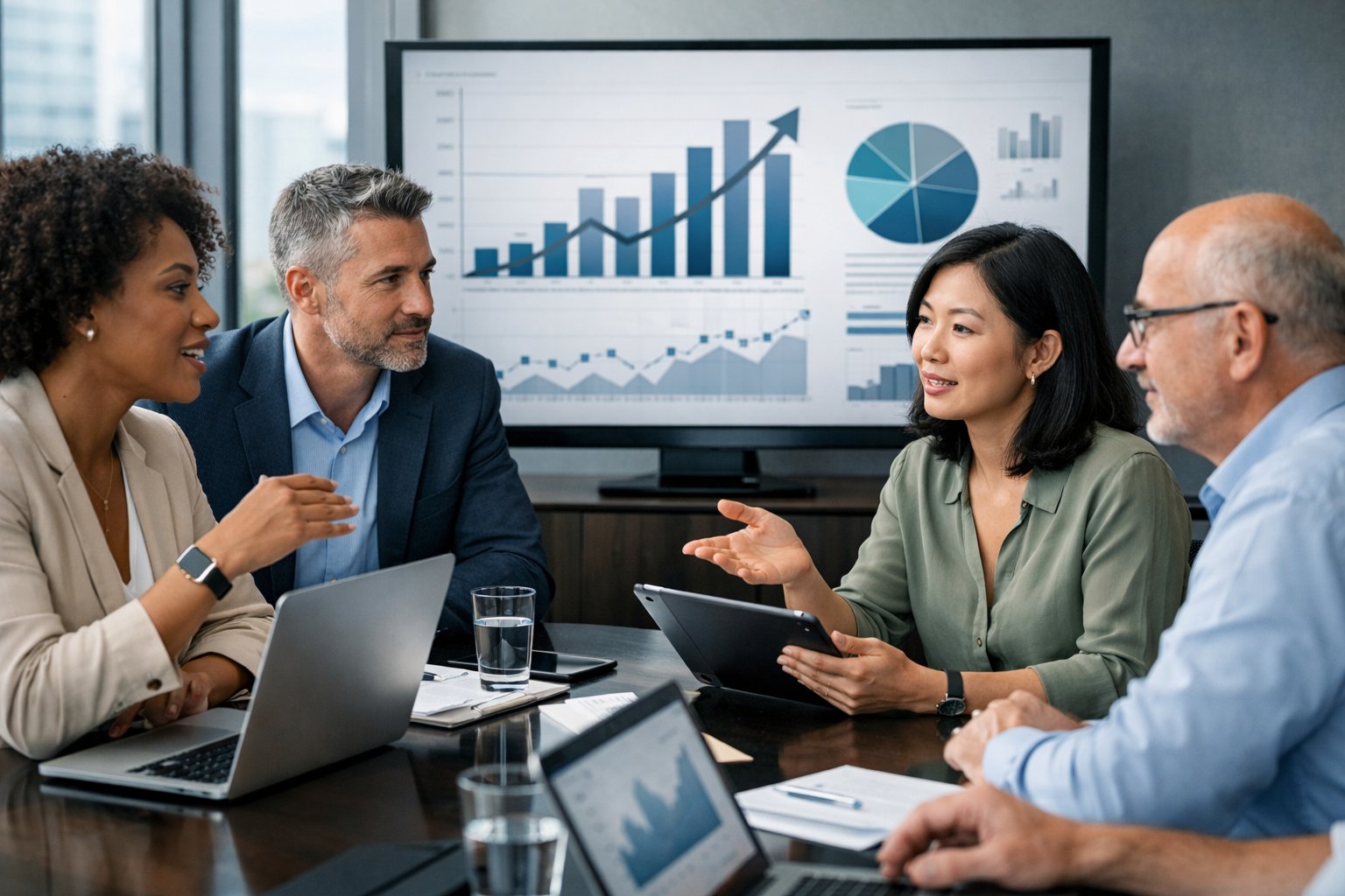 Des professionnels en réunion dans une salle de conférence, discutant autour d'un écran numérique affichant des graphiques, illustrant la collaboration dans une PME.