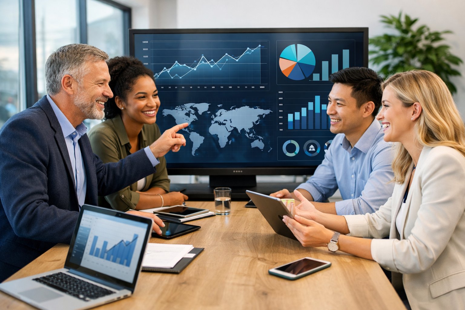 Des professionnels en réunion dans un bureau moderne utilisant des outils numériques pour améliorer leur entreprise.