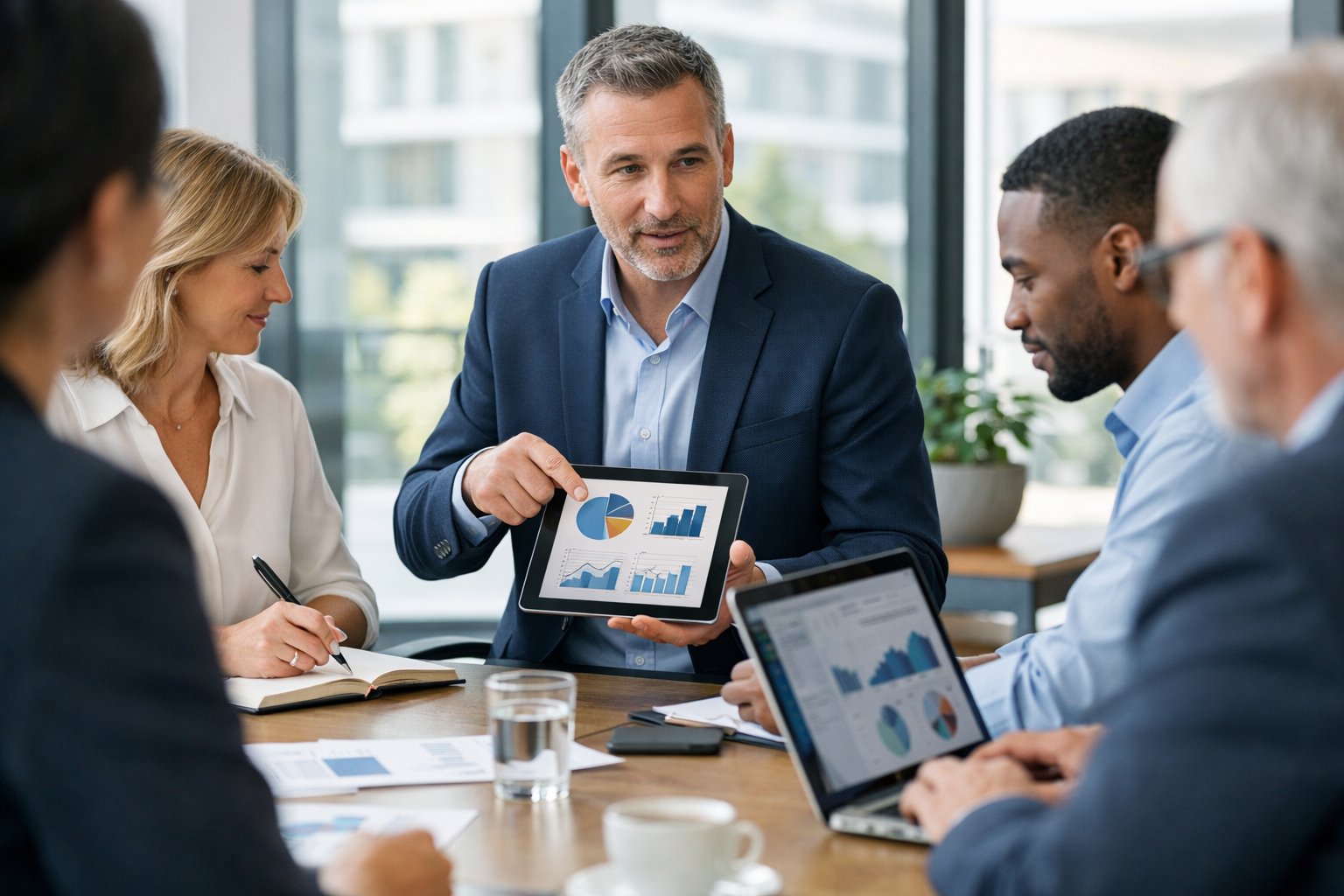 Un groupe de professionnels en réunion dans une salle de conférence lumineuse, discutant et partageant des idées autour d'une tablette numérique.