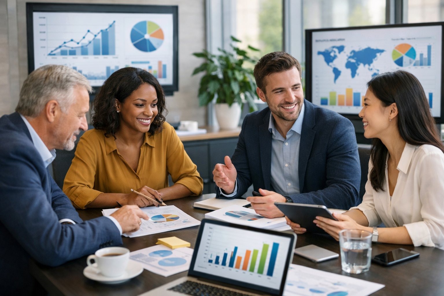 Un groupe de professionnels travaillant ensemble autour d'une table de conférence avec des ordinateurs et des documents dans un bureau moderne.
