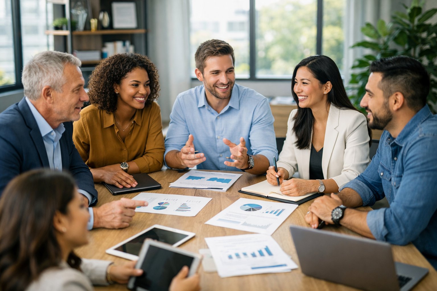Un groupe de professionnels en réunion autour d'une table de conférence dans un bureau moderne, discutant et travaillant ensemble.