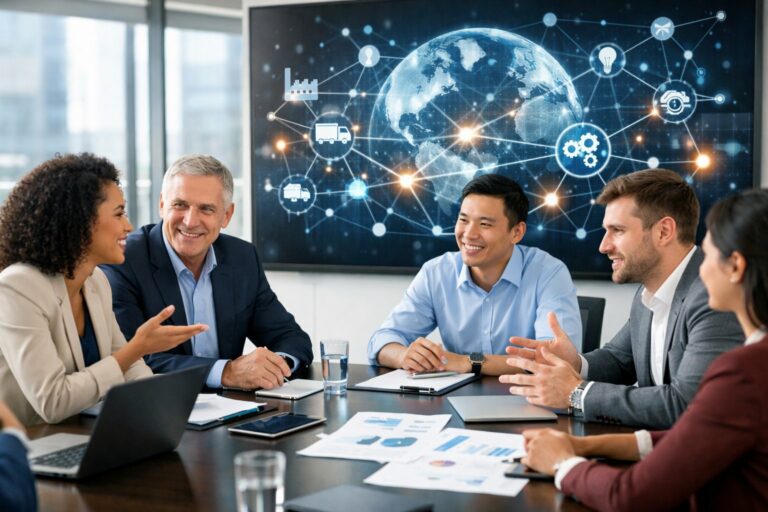 Un groupe diversifié de professionnels en réunion autour d'une table dans un bureau moderne, discutant et collaborant sur des projets d'innovation et de sourcing.