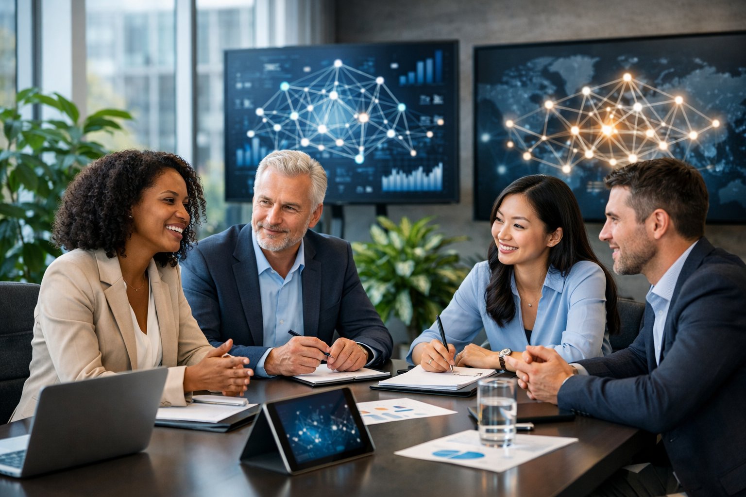 Des professionnels en réunion autour d'une table dans un bureau moderne, travaillant ensemble avec des ordinateurs et des documents.