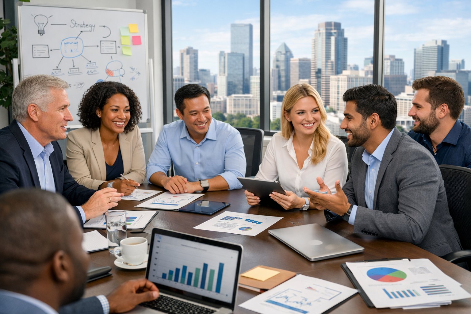 Un groupe diversifié de professionnels en réunion dans un bureau moderne, discutant des idées autour d'une table avec des ordinateurs et des graphiques visibles.