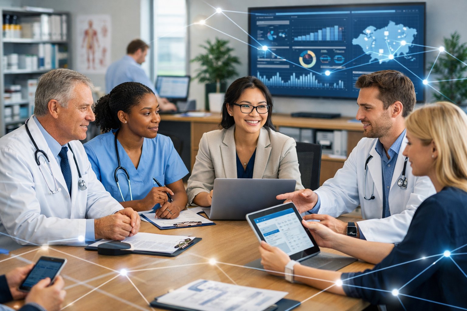 Un groupe de professionnels de santé et du secteur médico-social collaborant autour d'une table dans un bureau moderne et lumineux.