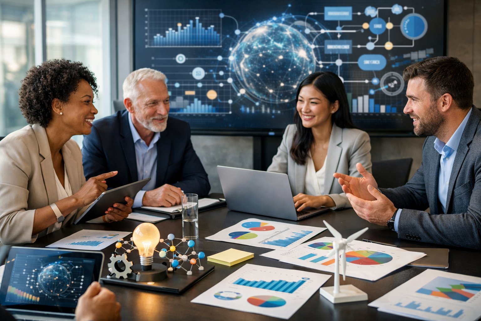 Une équipe de professionnels en réunion autour d'une table avec des ordinateurs et des documents, travaillant ensemble dans un bureau moderne.