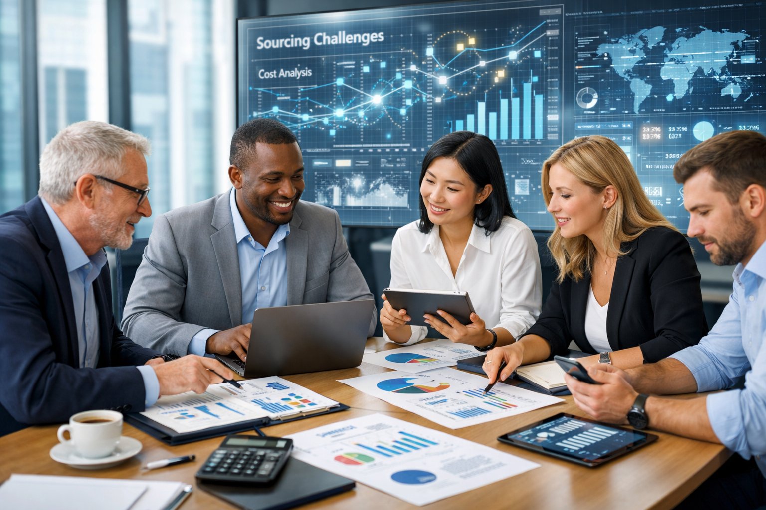 Un groupe de professionnels divers travaillant ensemble autour d'une table avec des ordinateurs et des graphiques financiers dans un bureau moderne.