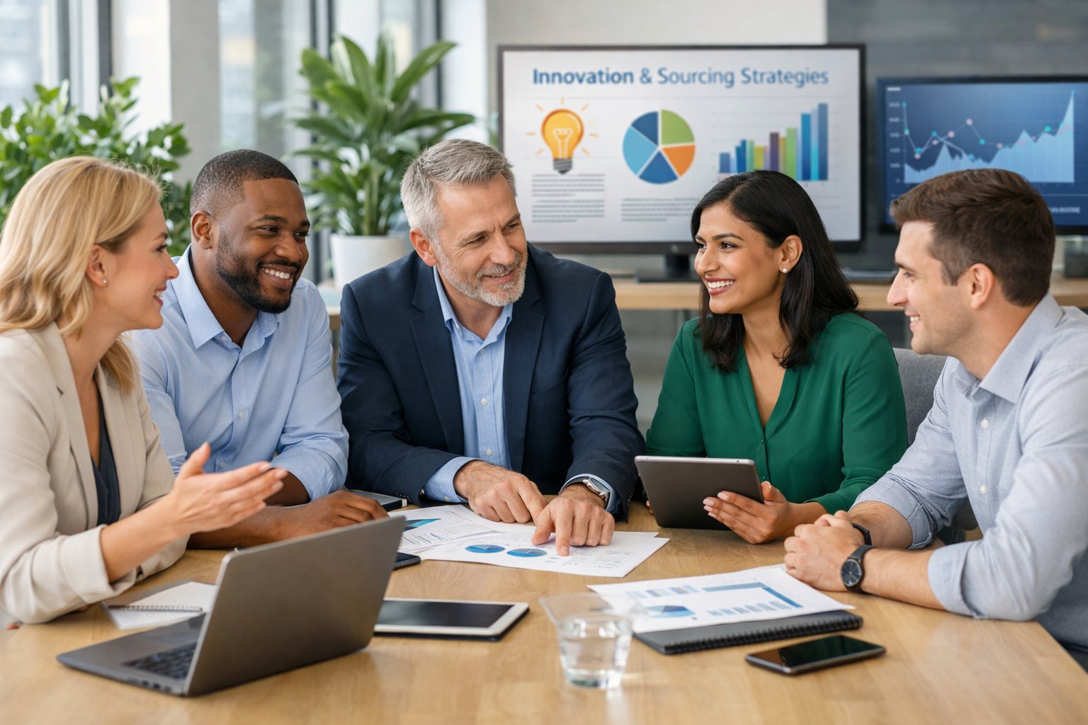Un groupe de professionnels en réunion autour d'une table dans un bureau moderne et lumineux.