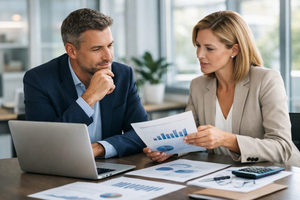 Deux professionnels discutant autour d'une table de travail avec des documents et un ordinateur dans un bureau lumineux.
