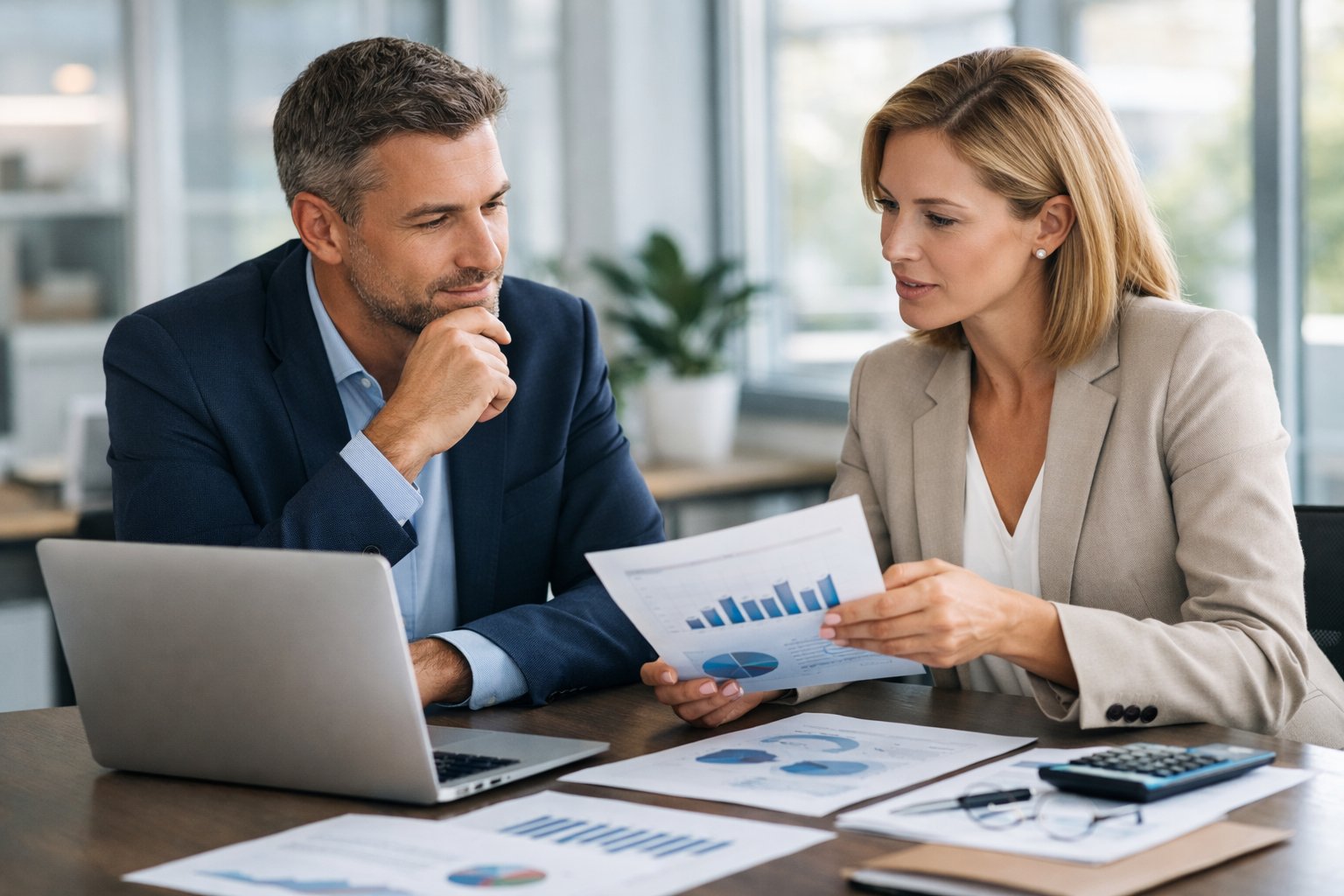Deux professionnels discutant autour d'une table de travail avec des documents et un ordinateur dans un bureau lumineux.