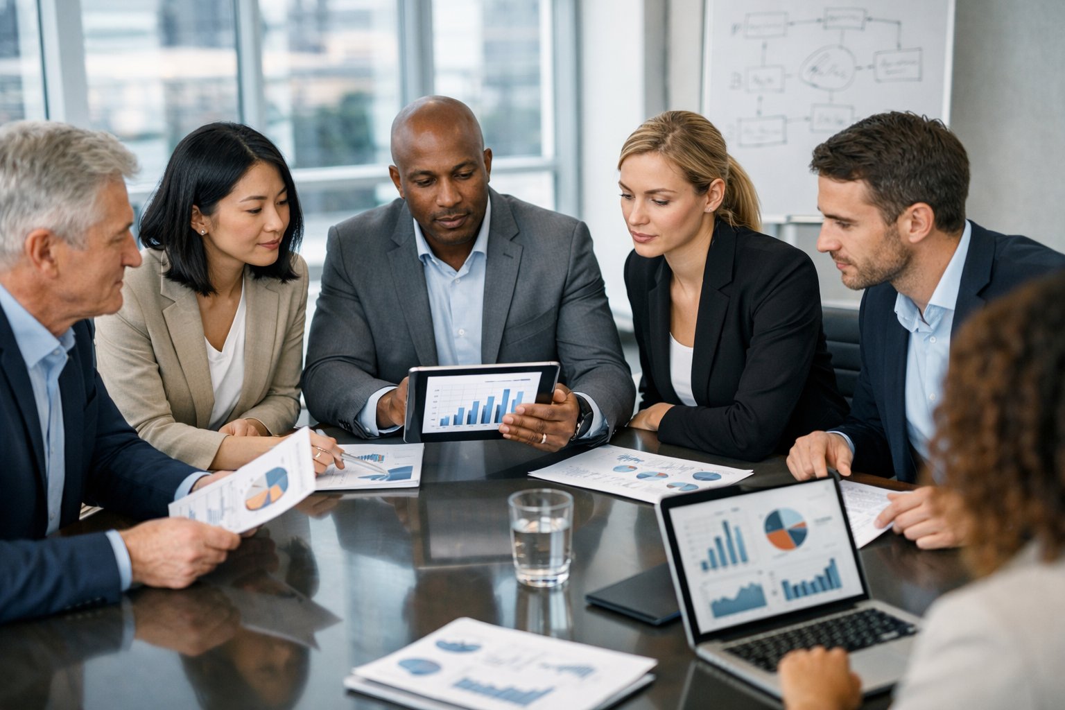 Des professionnels en réunion autour d'une table de conférence, discutant de documents et de graphiques liés aux achats mutualisés et à la valeur.