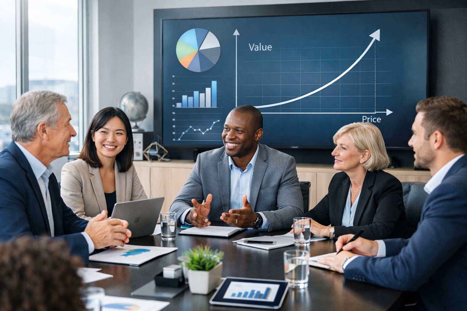 Un groupe de professionnels en réunion autour d'une table de conférence moderne, discutant avec des graphiques affichés sur un écran en arrière-plan.