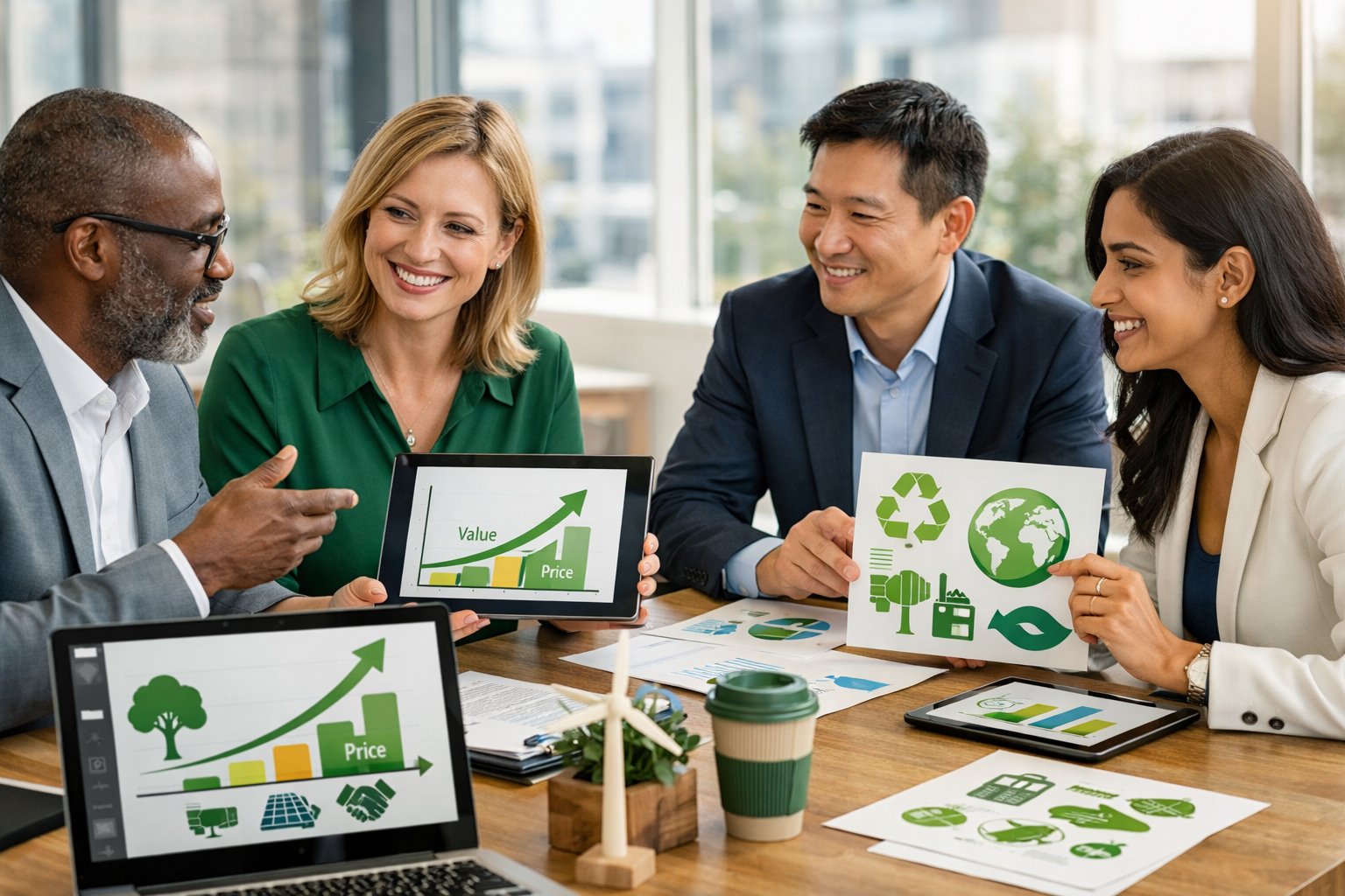 Un groupe de professionnels en réunion dans un bureau moderne, discutant de pratiques d'achat responsables et de stratégies d'entreprise durables.