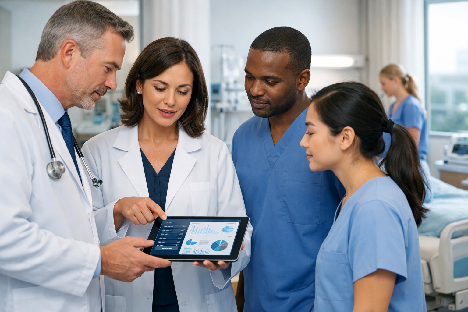 Des professionnels de santé discutant autour d'une tablette numérique dans un hôpital moderne, avec un patient reposant dans une chambre en arrière-plan.