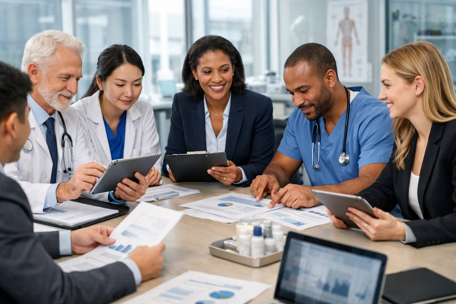 Des professionnels de la santé et des achats hospitaliers discutant autour d'une table dans une salle de réunion moderne et lumineuse.