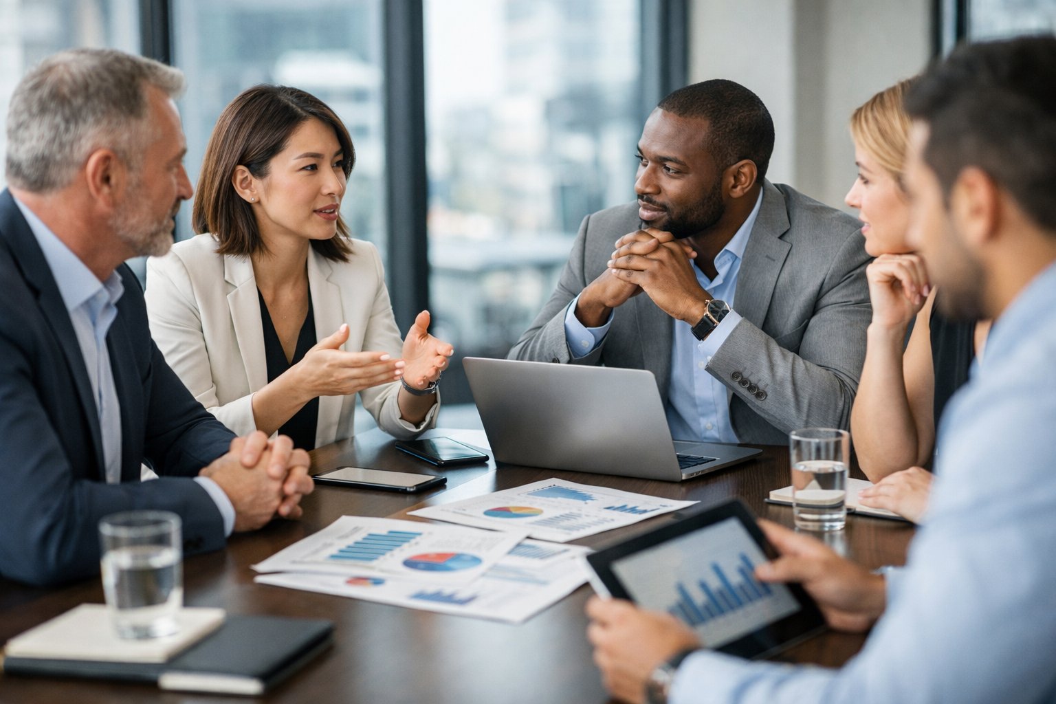 Un groupe de professionnels en réunion autour d'une table de conférence, discutant avec des graphiques et des appareils numériques visibles.
