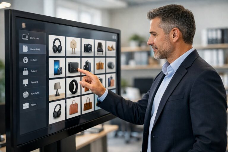 Une personne professionnelle utilisant un écran tactile pour consulter des catalogues numériques dans un bureau moderne.