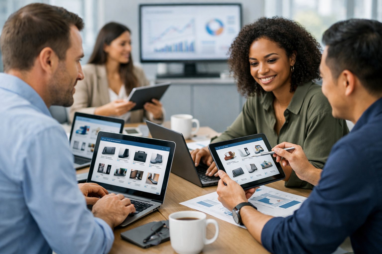 Un groupe de professionnels en réunion dans un bureau moderne, travaillant ensemble sur des ordinateurs et des tablettes pour intégrer des catalogues numériques.
