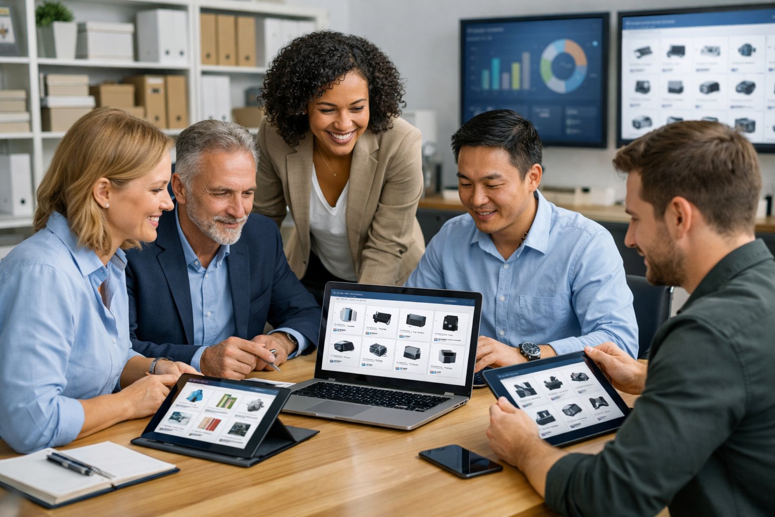 Une équipe de professionnels en bureau collaborant autour d'un bureau avec des ordinateurs portables et tablettes affichant des catalogues numériques, dans un environnement de travail lumineux et organisé.