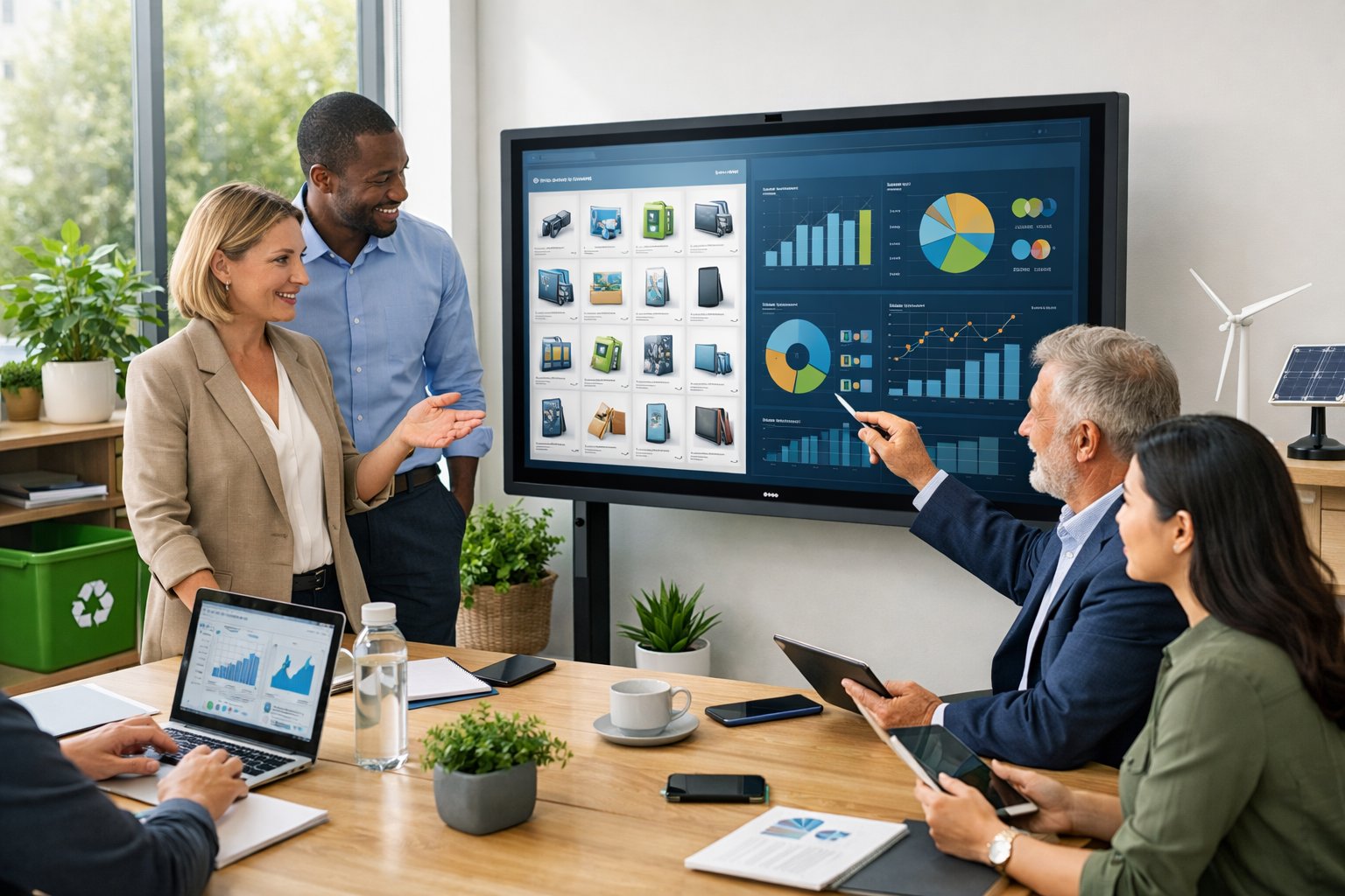 Des professionnels collaborant dans un bureau moderne avec un écran tactile affichant des catalogues numériques, entourés d'éléments symbolisant la durabilité.